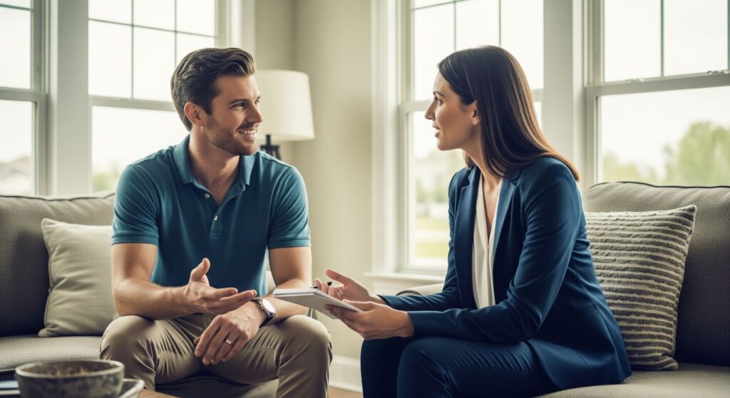 A realtor and a homebuyer discussing options.